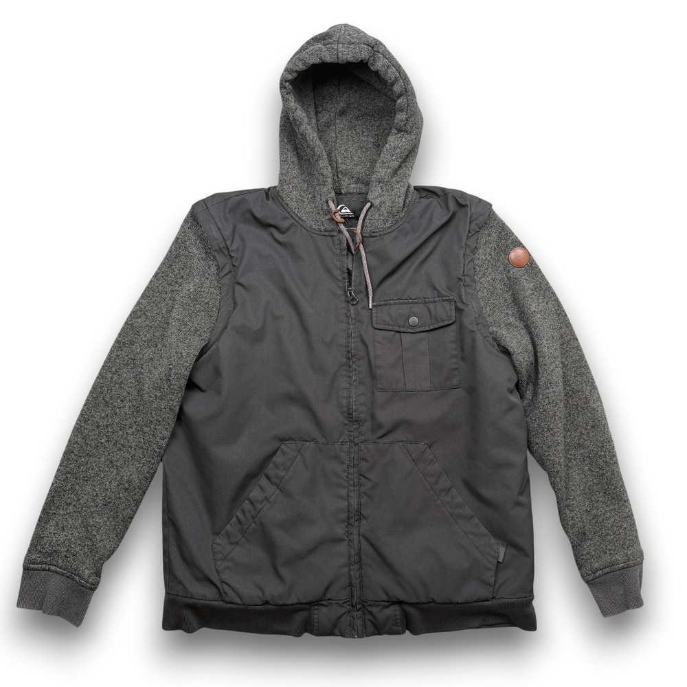 Quiksilver Hooded Jacket Mens L Gray Black Mixed Media Full Zip‎ Ripstop Puffer